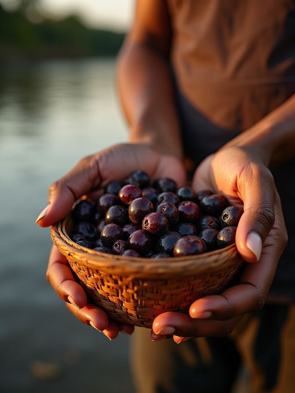 Mãos ribeirinhas segurando cesto de açaí selvagem colhido ao amanhecer no Pará