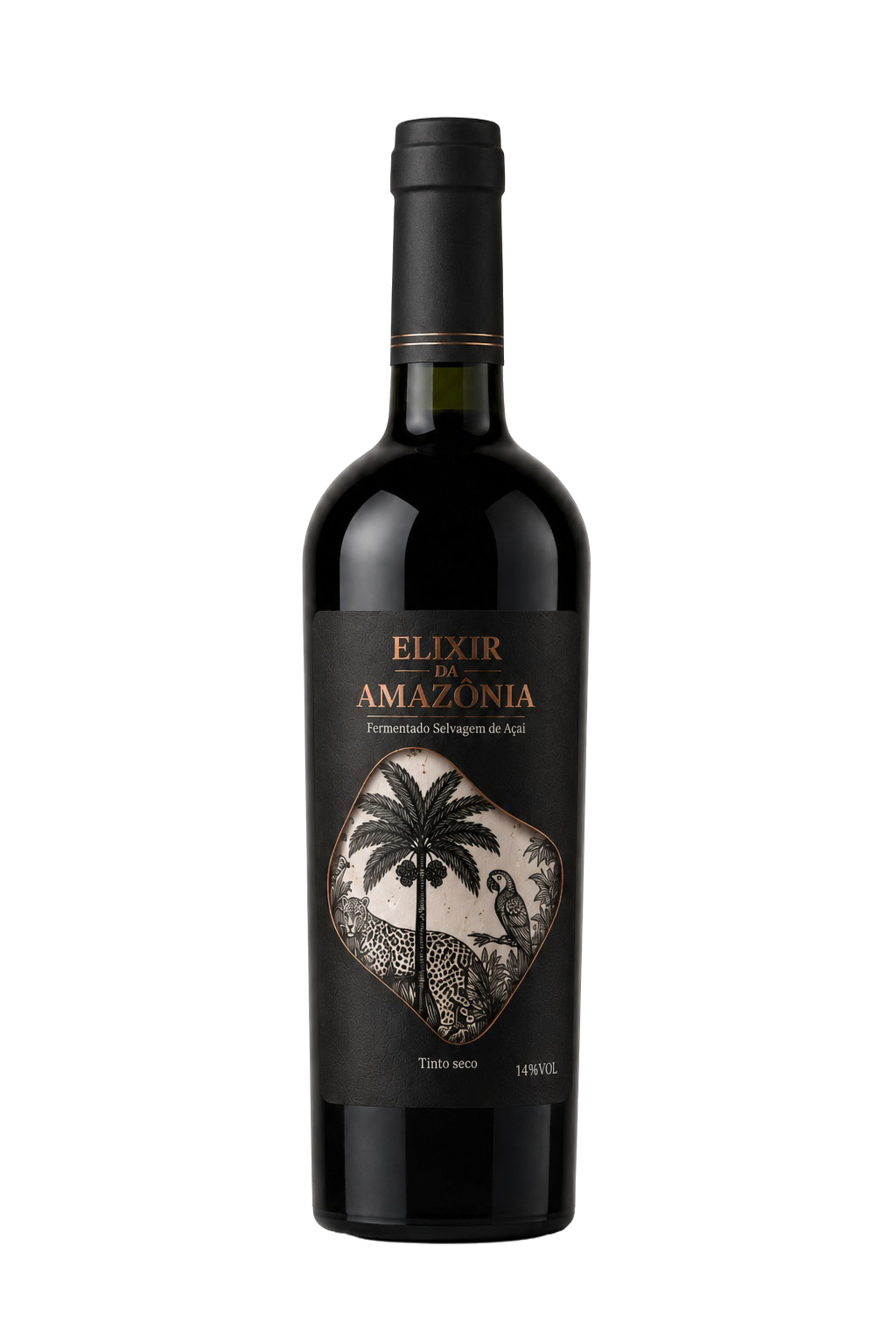 Garrafa de Elixir da Amazônia, o fermentado selvagem conhecido como vinho de açaí